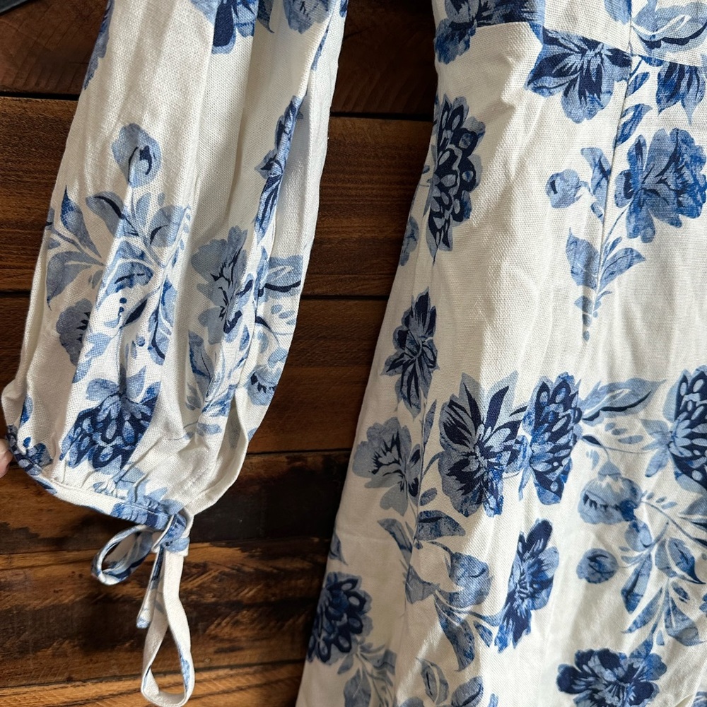 Lulu's‎ Blue White Floral Linen Blend Open Back Long Sleeve Mini Dress XL NWT - Picture 4 of 9